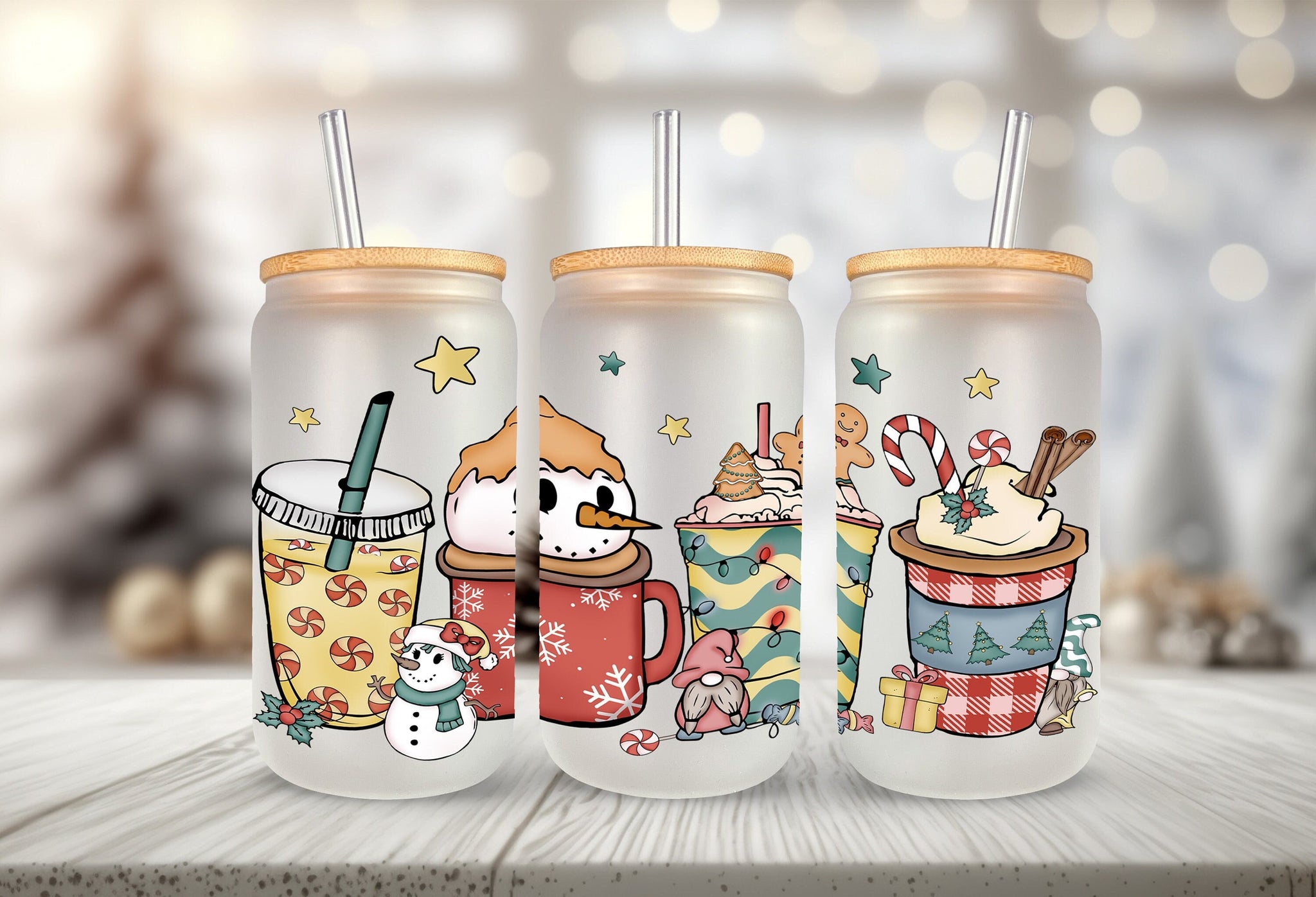 Custom Snowman Glass Jar, Frosted Glass Iced Coffee Cup,  Gift For Friend