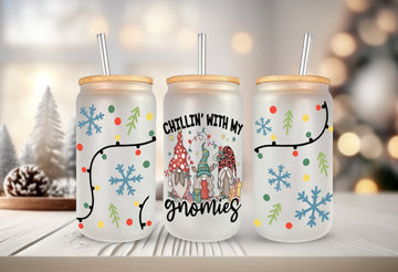 Christmas Gnome Glass Jar, Christmas Gifts, Holiday Gift, Christmas Frosted Glass Cup, Christmas Glass Tumbler, Christmas Coffee Tumbler