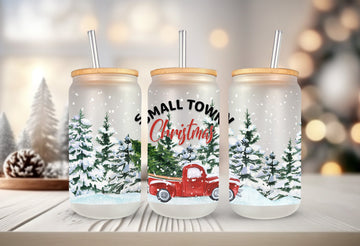 Small Town Christmas Tumbler, 16oz Frosted Glass Cup, Iced Coffee Cups, Christmas Gifts, Beer Glass Can, Christmas Cup with Lid and Straw